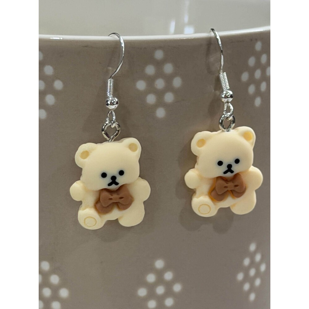 Kawaii Teddy Bear Dangle Earrings, Polymer Clay Bow Jewelry